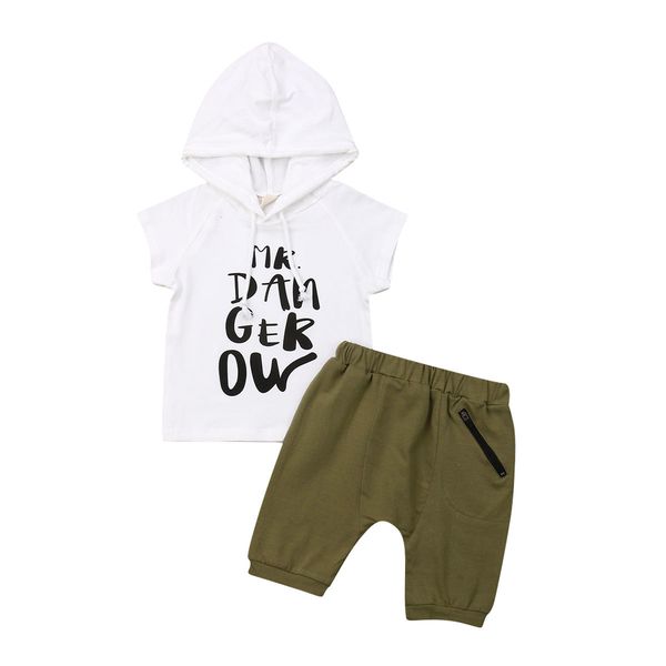 

1-6y летняя мода младенческой мальчиков одежда наборы белый без рукавов с капюшоном письмо топы + твердые шорты одежда наборы, White