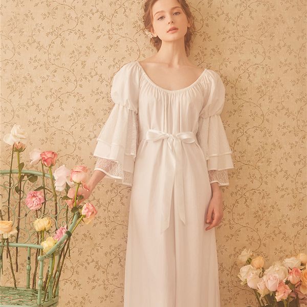 

ladies sleepwear cotton princess nightdress classical royal nightgown puff sleeve mid-calf round neck sleepwear, Black;red