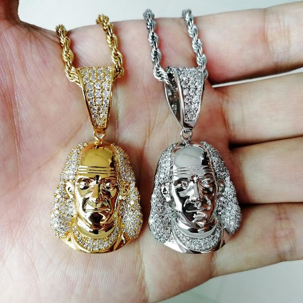 

designer gold cz cubic zirconia blingbling franklin portrait pendant necklace mens hip hop iced out diamond rapper jewelry gifts for boys, Silver