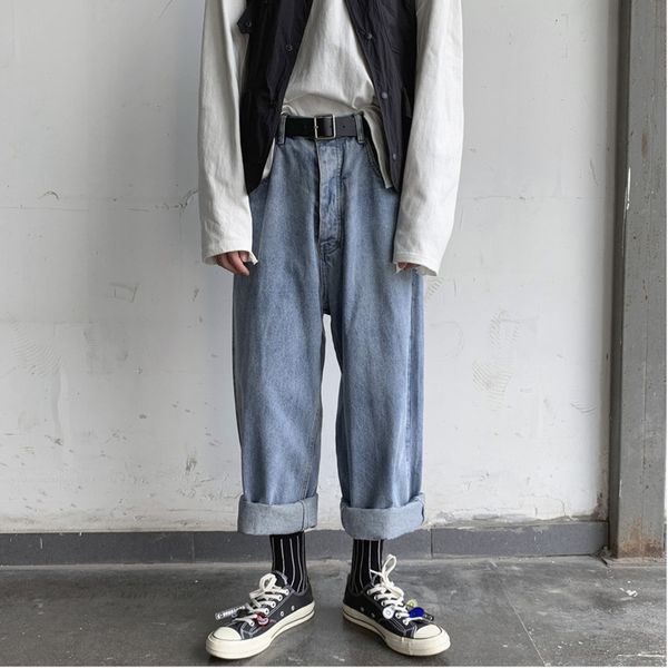 

2019 spring and autumn new ins youth popular solid color washed wide leg high waist jeans casual nine pants tide blue -2xl