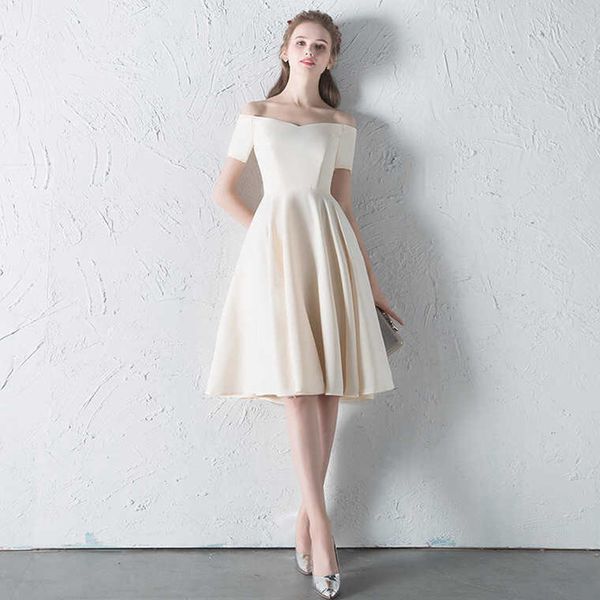 

с плеча атлас короткие платья невесты 2020 длина до колена платье с короткими рукавами молния назад, White;pink