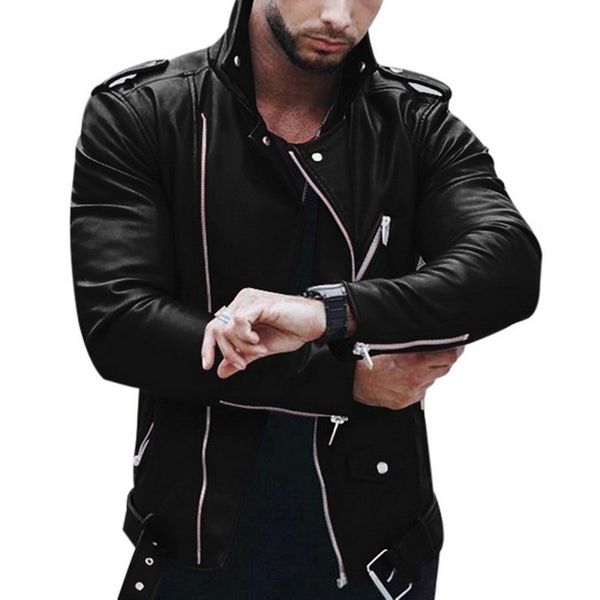 

men pu leather jacket spring autumn fashion motorcycle long sleeve turn-down collar jackets 2019 new zipper patchwork coat, Black
