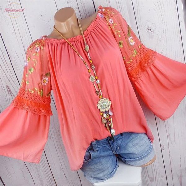 

womens crew neck and blouses boho fashion women o neck blouse floral embroidery lace flare sleeve women plus size, White