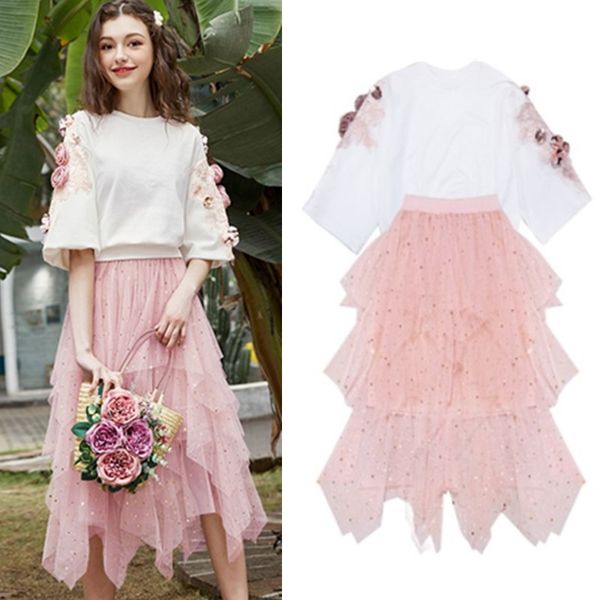 

clothing set women floral appliques blouse + long mesh stars party bohemian skirts suits set ns299, White;black