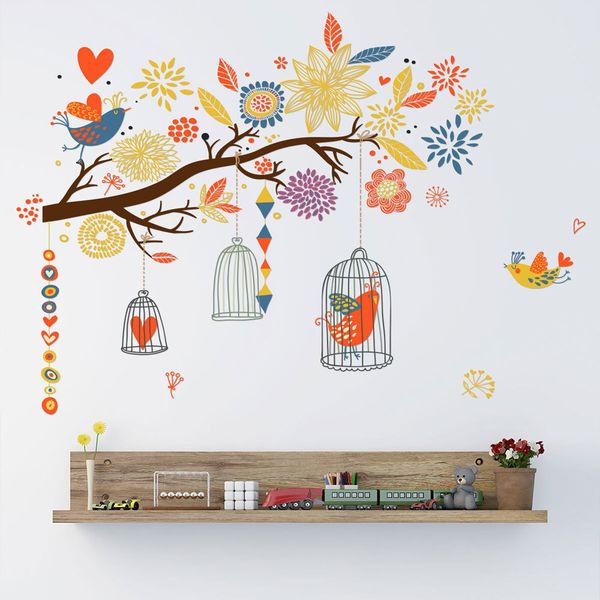 

colorful branch bird cage wall sticker living room bedroom home decoration kids rooms art decals wallpaper creative stickers