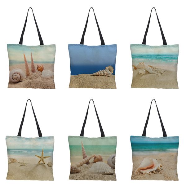 

customized ladies shopping bag reusable folding shoulder bag large-capacity double-sided printing marine turtle linen casual
