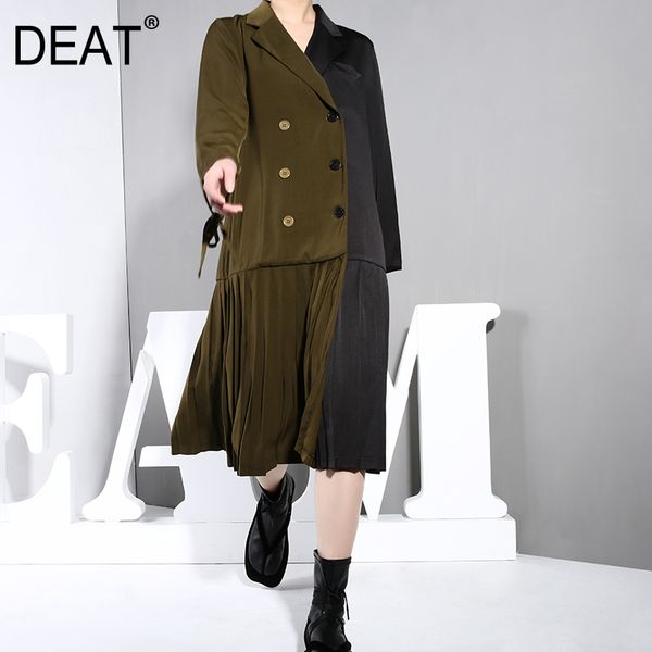 

deat] 2019 new spring lapel long sleeve hit color army green split joint hem pleated stitch loosejacket women coat fashion jo28, Black;brown