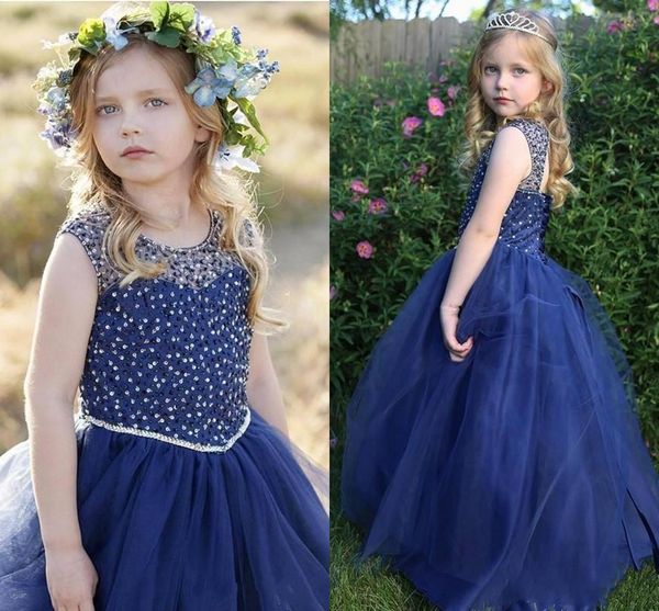 Ucuz Lacivert Çiçek Kız Elbise Düğün İçin Jewel Boyun Kolsuz Boncuk Sequins Tül Hollow Geri Doğum Günü Çocuk Kız Pageant Törenlerinde