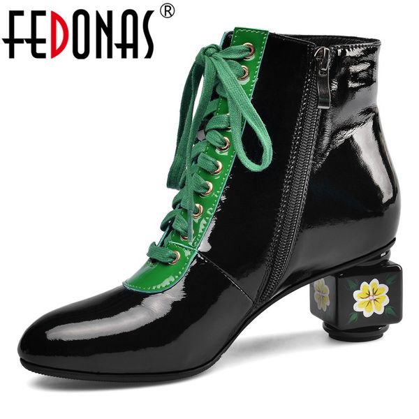 

fedonas patent leather women ankle boots warm print strange high heels cross-tied short winter boots elegant prom shoes woman, Black