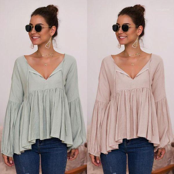 

tshirt loose v neck solid color casual tshirt famale designer spring clothes womens puff sleeve, White