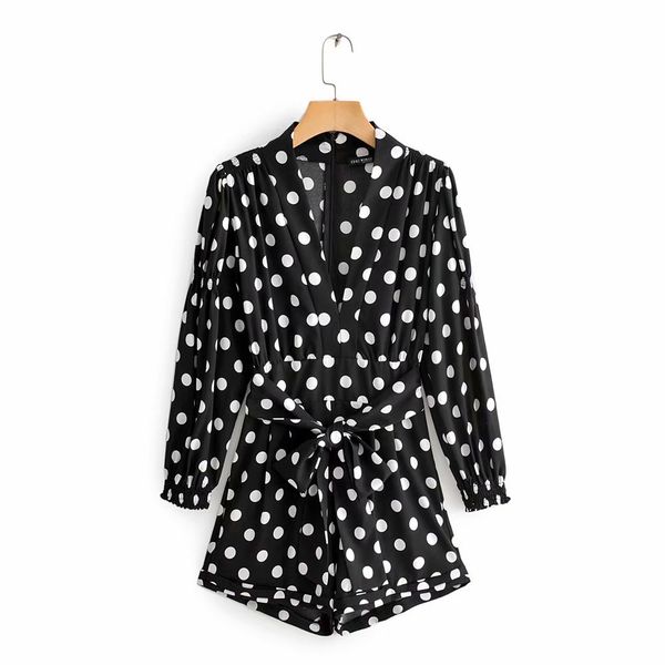 

women stylish polka dots v neck playsuits long sleeve sashes pockets back zipper female chic casual black jumpsuits, Black;white