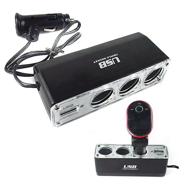 

12v 3 way car cigarette lighter power spliter sockets usb dc adapter charger 8owp