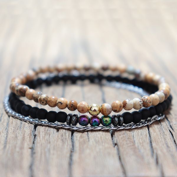 

diffone 3pcs/set bracelet men 4mm small beads natural stone braslet homme man accessories link chain brazalete present for him, Black