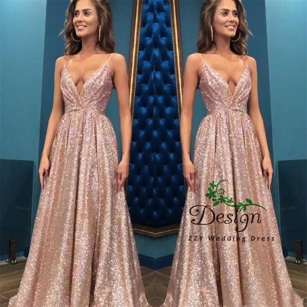 

2019 champange spaghetti straps deep v-neck sequined a line prom dresses ruched backless floor length formal party evening, White;black