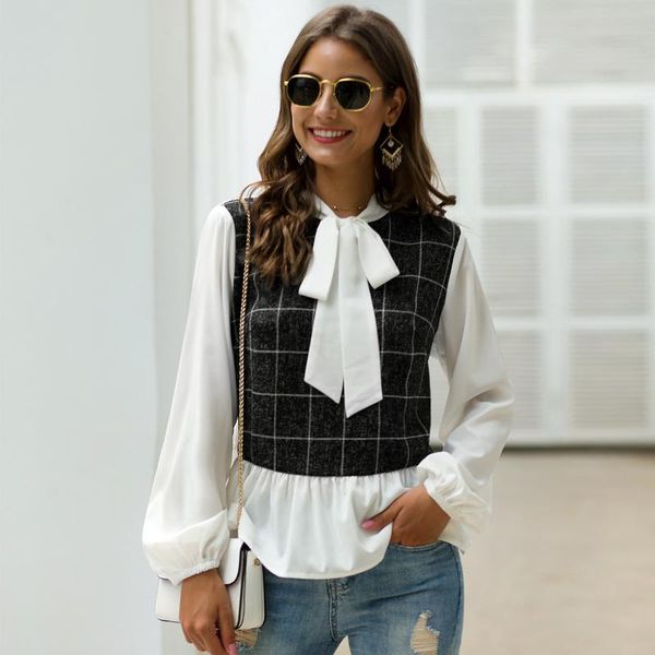 

корейский стиль элегантный лук футболки женщины моды лоскутная дизайн плед футболки, White