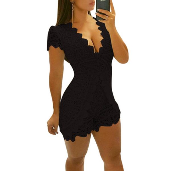 

fashion lace short jumpsuits for women summer v-neck short sleeve bodysuit party elegant overalls macacao feminino 4 color, Black;white