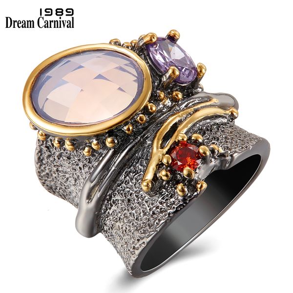 

dreamcarnival 1989 new arrival binding look wedding ring for women black gold color with pink purple zirconia wholesale wa11749, Golden;silver