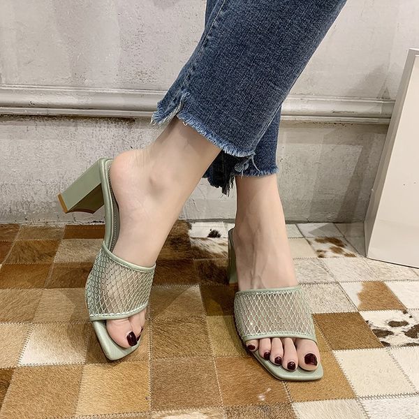 

high-heeled shoes lady ladies' slippers slipers women slides fretwork heels heeled square 2020 soft fashion, Black