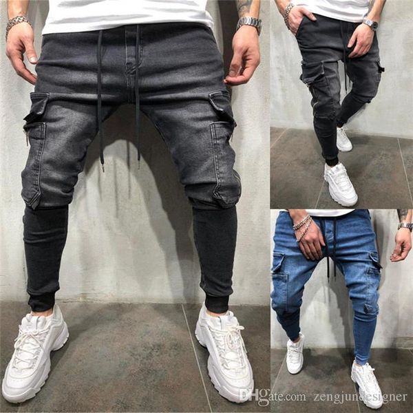 

мужская мода дизайнер джинсы карман solid color hip hop стиль drawstring homme одежда streetwear повседневная одежда, Blue