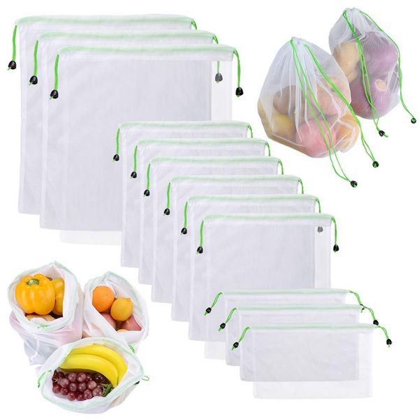 

reusable produce bags 12pcs mesh washable for vegetable fruit sandwich lightweight, strong for shopping transporting storing, la