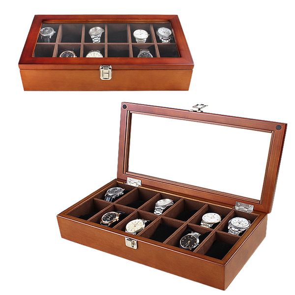 

12 slots watch display boxes case wood material transparent skylight watch organizer holder new women's jewelry storage box, Black;blue