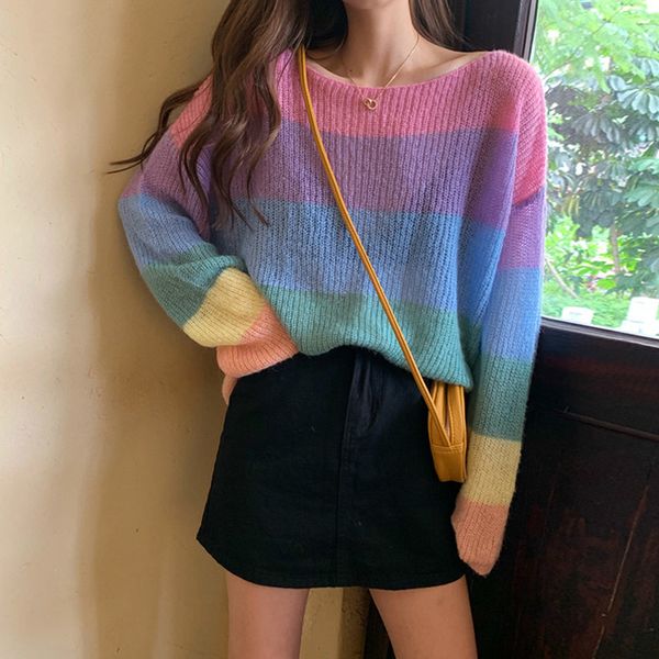 

autumn winter harajuku rainbow sweater female contrast striped knit pullover korean long sleeves jumper plus size f520, White;black