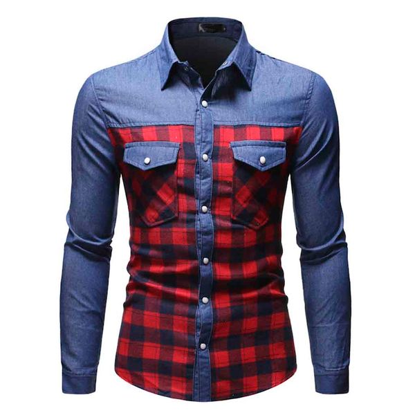 

feitong fashion denim shirt 2019 autumn winter outwear patchwork blouse men casual plaid panel button down blouses male, White;black
