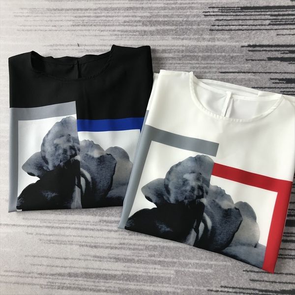 

elegant and noble and a flower ink chinese style imitation silk breathable versatile silk t-shirt female, White