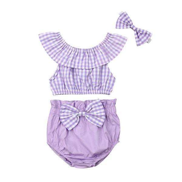 

summer casual plaids 3pcs baby girl kids off-shoulder crop + shorts pants outfits clothes, White