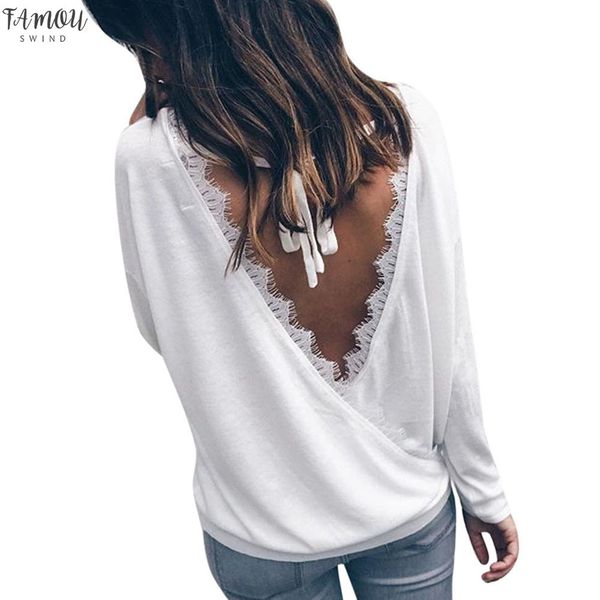 

women lace patchwork backless shirt autumn 2020 v neck long sleeve women blouse casual fashion loose c2335, White