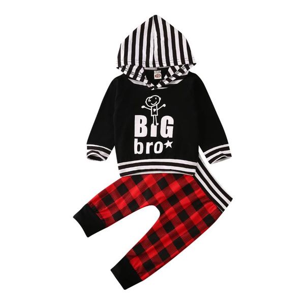 

toddler kid baby boy clothes set spring winter christmas hooded long sleeve big bro red plaid pants boys outfit 2pcs, White