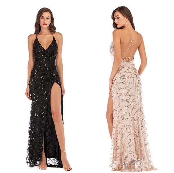 Vestido de lantejoulas explosivo sexy saia longa com franjas garfo alto vestido sem alças sem costas saia irregular bordado costurar vestido de noiva