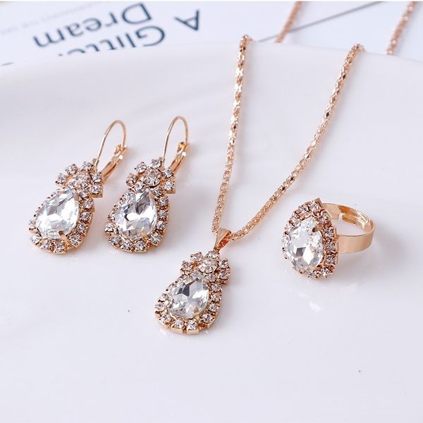 

fashion wedding gift jewelry gold round crystal earrings necklace adjustable ring set women's jewelry set, Slivery;golden