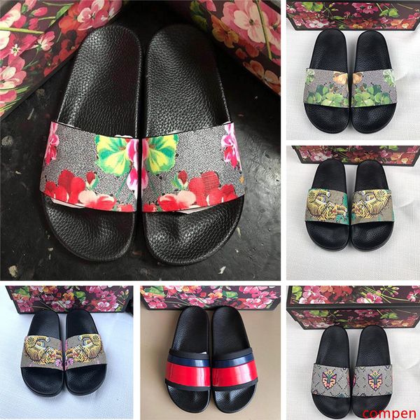

2019 new designer mens floral brocade slippers fashion womens rubber sandals flats wide slides female flip flops 36-45