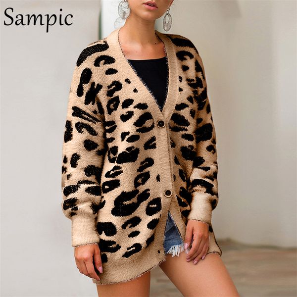 

sampic leopard cardigan sweater women long sleeve casual loose cardigan v neck fashion pink knitted woman winter sweater, White