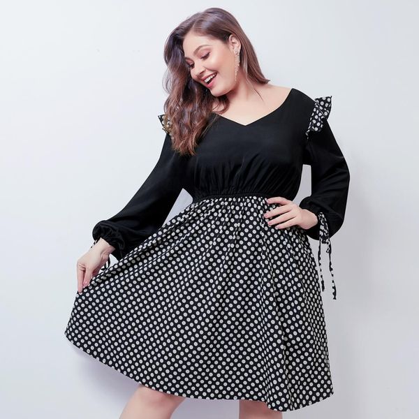 

large size pregnant women new wave stitching large swing dresses european and american v-neck dot bubble long sleeve dress, White