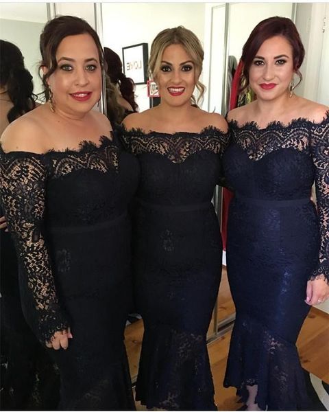 

2020 navy blue arabic mermaid bridesmaid dresses off shoulder full lace long sleeves high low length plus size party maid of honor gowns, White;pink