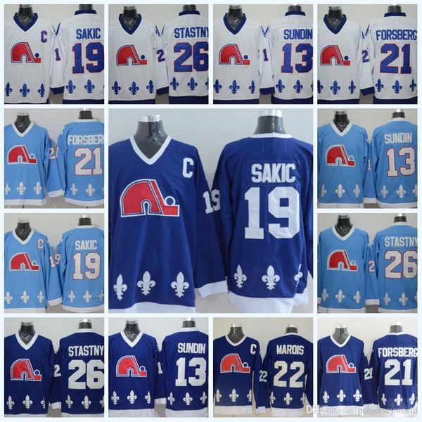 

Quebec Nordiques Mens 19 Joe Sakic 13 Mats Sundin 26 Peter Stastny 21 Peter Forsberg 22 Mario Marois Vintage Hockey Jerseys