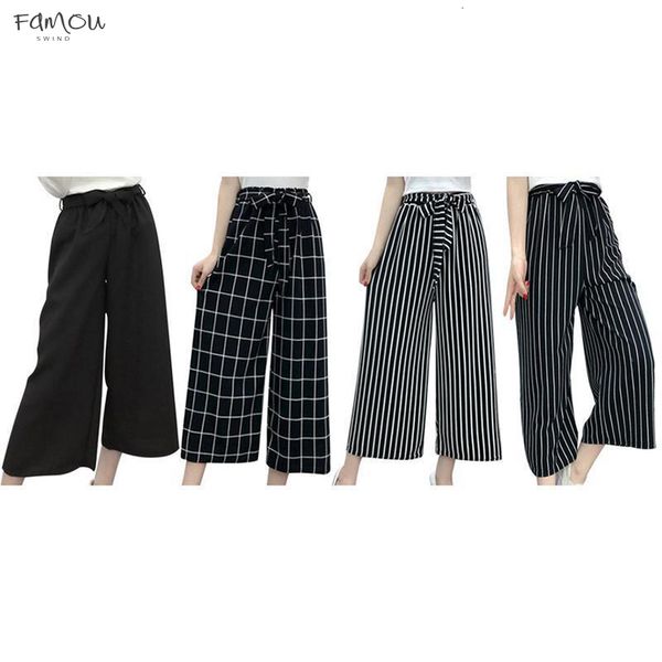 

Summer New Striped Style Black High Waist Crop Casual Pants Women One Loose Size Chiffon Wide-Leg Plus Size
