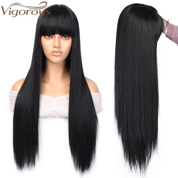 

synthetic wigs vigorous long straight black wig with bangs ombre brown sythetic for women daily wear costume heat resistant hair