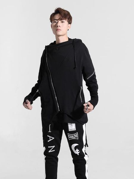 

tide brand men's european and american personality irregular zipper stitching casual hooded long-sleeved hoodie, Black