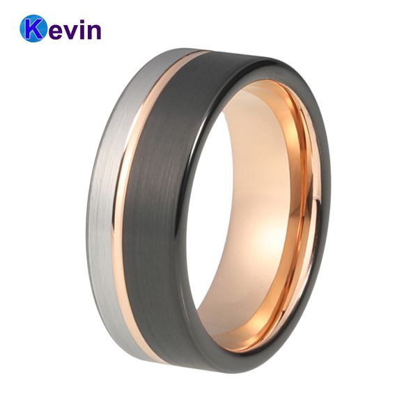 Ehering für Herren und Damen, Wolframcarbid-Ring, Schwarz-Roségold, mit versetzter Nut und gebürstetem Finish, J190714