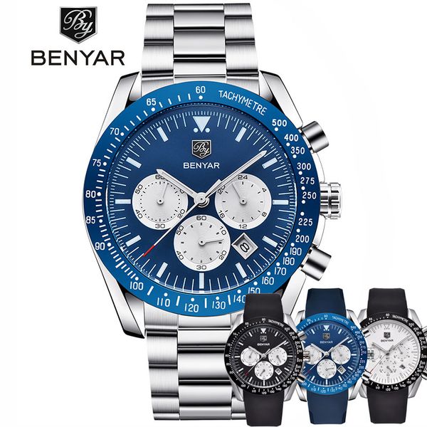 

relogio masculino benyar wholesale new casual fashion mens watches brand male wristwatch waterproof silica gel quartz watch, Slivery;brown