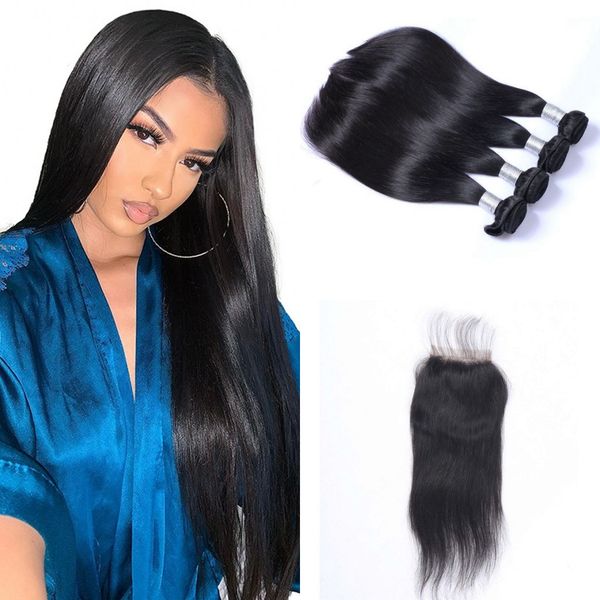 

перуанские человеческие волосы шнурок закрытие с связкой необработанных волос девственница плетения 4 связки straight с закрытием, Black;brown