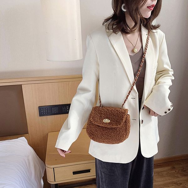 

fashion women retro solid color bag large capacity chain plush messenger bag casual ladies vintage shopping bag#g3