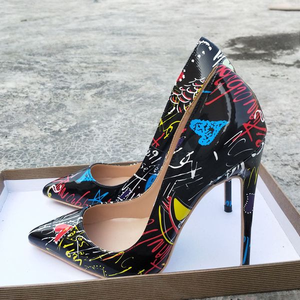 

black graffiti shoes high heels 12 cm  cm heel pointed light shoes small size 33 party shoes