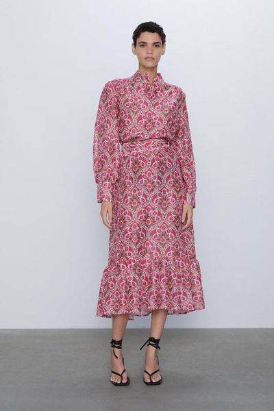 

2020 new spring summer new style european printed female midi dress printed zaraing vadiming sheining women dress, Black;gray