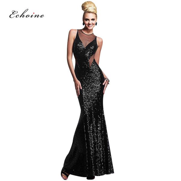 

echoine party long bodycon ball gown dress women mesh patchwork sequin semi-transparent sleeveless mermaid hem maxi vestido, Black;pink
