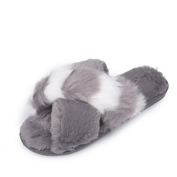 

women fur slides warm cross mixed colors plush soft slippers indoorsÂ floor bed room house shoes woman 2019, Black