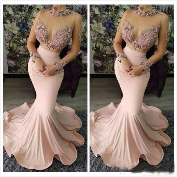 

2019 Lace Beaded Sexy Evening Dresses High Neck Long Sleeves Prom Dresses Elastic Satin Formal Party Pageant Gowns